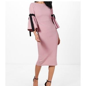 Boohoo Pink Midi Dress with Black Sleeve Ties